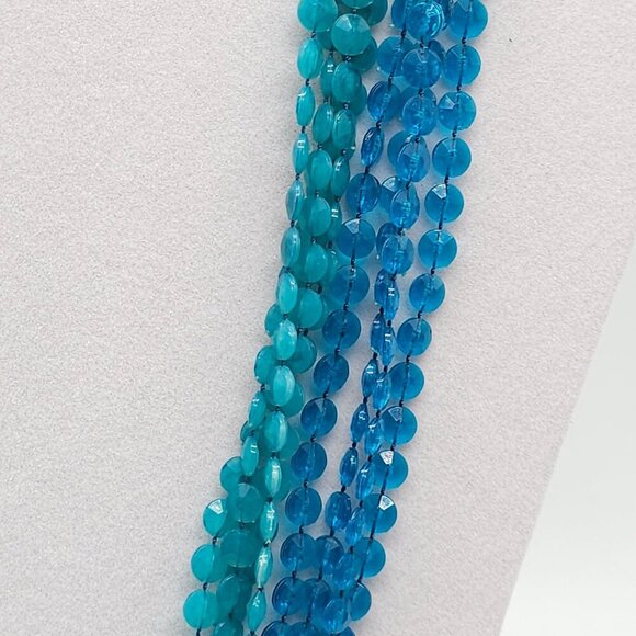 Multi Strand Blue Beaded Necklace Gold-Tone Clasp Faux Turquoise Center Accent - Picture 3 of 6
